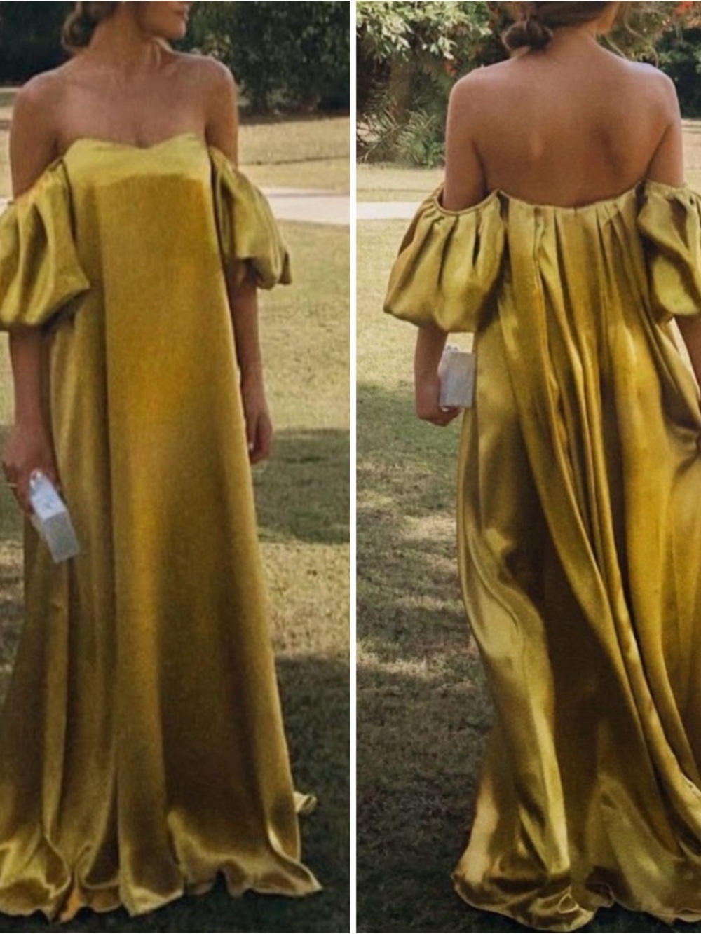 CAROLINE CONSTAS Palmer Off the Shoulder Satin Yellow Gold Maxi Dress Size S - Picture 3 of 10